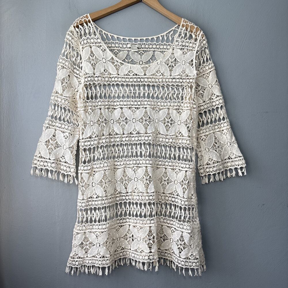 Crochet Lace Overlay Top Juniors Size Large Cream Coastal Cowgirl Boho Chic